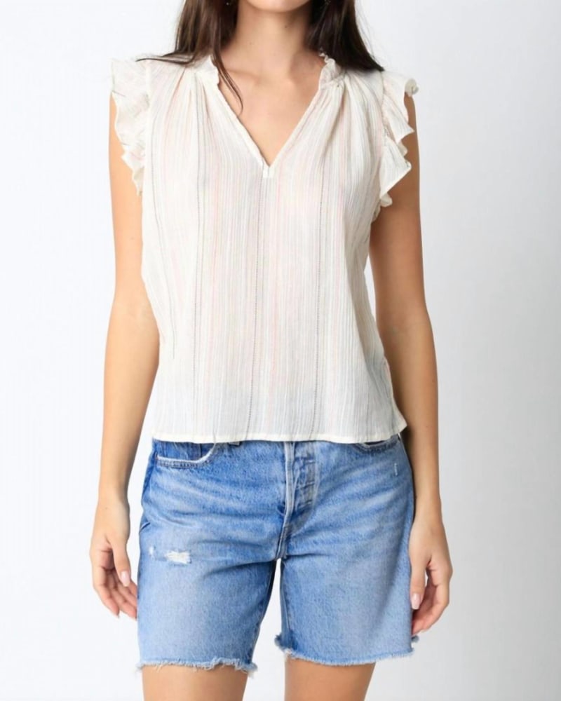 Front of a model wearing a size L Angie Stripe Top in Neutral in Neutral by OLIVACEOUS. | dia_product_style_image_id:332554